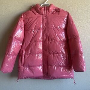Mono B Puffer Coat Jacket Mid Full Zipper Hoodie Pockets Water Resist Pink L NWT